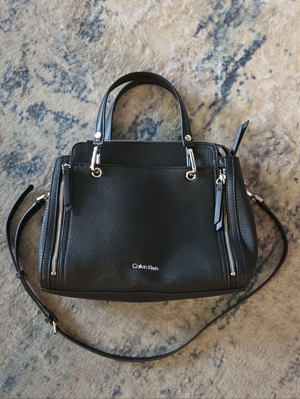 Calvin Klein Black Pebbled Leather Top-Handle Garnet Satchel w/ Crossbody Strap - Picture 2 of 6
